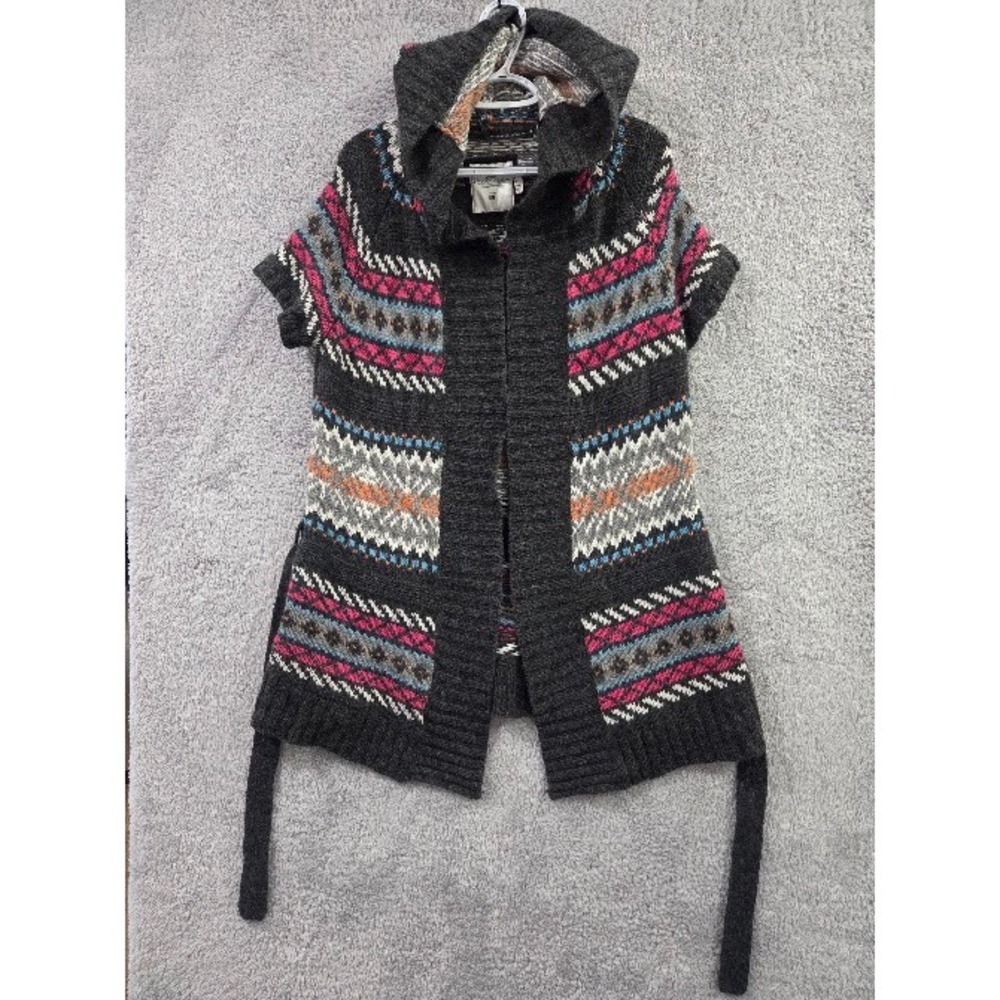 H&M L.O.G.G. Cardigan Women's Medium Grey Fair Isle Hooded Lambs Wool Belted